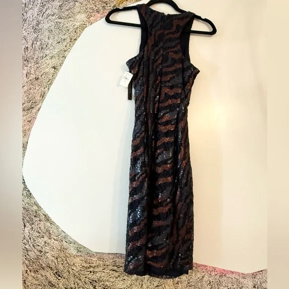 NWT David Meister Brown Black animal pattern sequin shift midi dress 4 - Picture 4 of 4